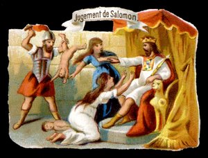 Le jugement de Salomon avec la mère se sacrifiant pour sauver son enfant. Chromolithographie du XIXe siècle