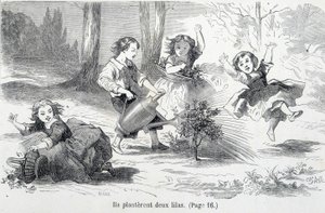 Sophie et ses amis plantent du lilas - dans «Les malheurs de Sophie» par la Comtesse de Ségur, Hachette - Unknown artist