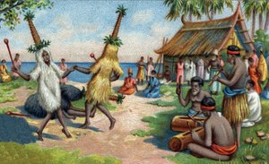 Danseurs des îles du Pacifique Sud : ils portent des vêtements faits de plumes de colibris, de cacatoès et d