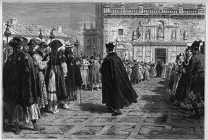 Espagne 1880 : les fêtes de Saint-Jacques-de-Compostelle, la procession des pèlerins à l