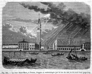 Tour Saint-Marc à Venise frappée et endommagée par le feu du ciel le 23 avril 1745 - dans « Les merveilles de la science » par Louis Figuier - Unknown artist
