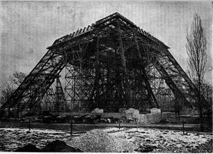 État de la construction de la tour Eiffel à Paris début mars 1888. Gravure dans le journal « La jeunesse ».