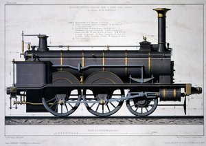 Locomotive à vapeur du chemin de fer de Mulhouse - dessin au lavis - Unknown artist
