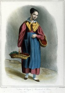 Vendeuse de fraises. Gravure de « Costumi milanesi di Locarno (Costume milanais de Locarno) »