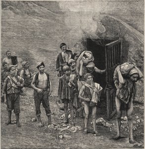 Exploitation du soufre (Zolfara) en Sicile, dessin - Unknown artist