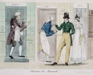 Déjeuner du dimanche (épicerie, café, apothicaire) - gravure - Unknown artist