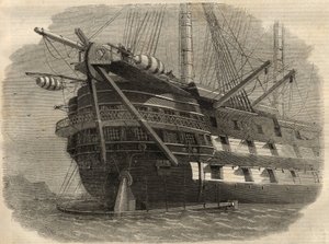 Télégraphie : vue de la poupe du navire H.M.S. « Agamemnon » qui posera le premier câble transatlantique. Gravure dans « The Illustrated London News » du 5 juin - Unknown artist