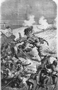 Le vétéran de 75 ans John Talot a été recoupé pour diriger une expédition de 3000 hommes, qui a débarqué en Guyenne le 17 octobre 1452. Gravure représentant la mort de Talbot au combat. Gravure du 19ème siècle - Unknown artist