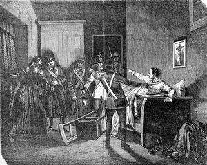La police austro-hongroise a arrêté un carbonaro (carboneria, industrie du charbon), membre de la société politique secrète. Gravure du 19ème siècle. - Unknown artist