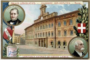 La Chambre des Députés à Rome (Italie), avec portraits du comte Camillo Benso de Cavour (1810-1861) et de Francesco Crispi (1819-1901) - Chromolithographie Liebig - Unknown artist