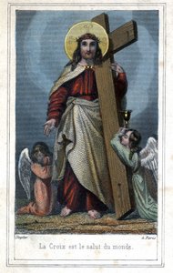 La Croix est le salut du monde. Imagerie populaire du Christ portant la croix. Deux anges à ses côtés. Vers 1850. - Unknown artist