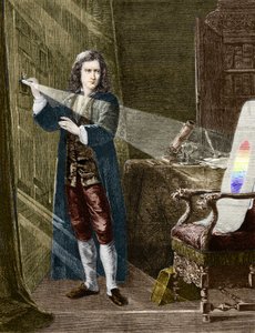 Le physicien anglais Isaac Newton (1642-1727) décomposant la lumière avec un prisme de verre. Gravure de 1880 - Unknown artist