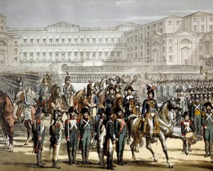 Le général français et roi de Naples Gioacchino (Joachim) Murat (1767-1815) passe en revue la milice cisalpine devant la Villa Reale de Monza le 07/08/1801. Gravure Museo del Risorgimento, Milan - Unknown artist