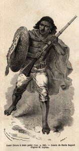 Le Jeu, ou brave à trois poils, soldat abyssinien armé. Gravure pour illustrer le voyage en Abyssinie, en 1862 par Guillaume Lejean, dans Le tour du monde, nouveau journal des voyages publié sous la direction d