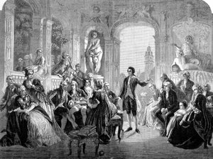 Le poète allemand Johann Wolfgang Goethe à la cour du margrave Frédéric de Bade. Gravure d