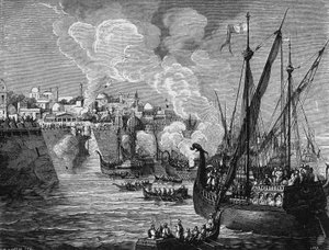 Le feu grégeois utilisé par les assiégeants et les assiégés lors du siège de Constantinople par Muhammad II en 1453. Dans "Album de la Science", Éditions Jouvet. - Unknown artist