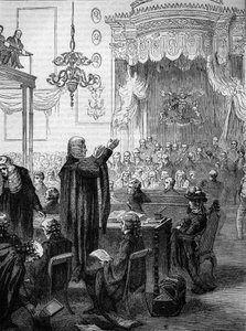 La Chambre des Lords lors du procès de la reine Caroline en 1820 - Discours de M. Brougham pour la défense - Caroline de Brunswick-Wolfenbüttel (1768-1821), épouse de George IV de Grande-Bretagne et d