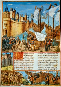 Le roi de France Louis IX (Saint Louis) (1214-1270) embarquant pour la septième croisade. Miniature tirée de « Les passages faits Outremer par les Français contre les Turcs et autres Sarrasins et Maures Outremarine » par Sébastien Mamerot - Unknown artist