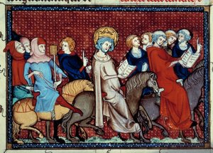 Le roi de France Louis IX (Saint Louis) (1214-1270) à cheval raconte ses heures à ses chapelains