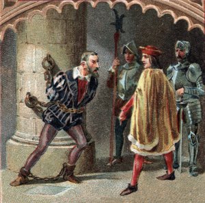 Le roi de France Louis XII fait enfermer Ludovic Marie Sforza, dit le More (Ludovico Maria Sforza detto il Moro) (1452-1508) dans le château de Loches, en Touraine. Chromolithographie de la fin du 19ème siècle