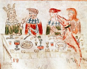 Le roi des Francs Pépin III le Bref (714-768) et son fils Charlemagne à un banquet. Miniature d