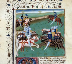 Les chevaliers de la Table Ronde participant à un tournoi chevaleresque. Miniature du manuscrit « Le roman de Tristan » par Maître Charles du Maine