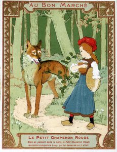 Le Petit Chaperon Rouge rencontre le loup - étiquette publicitaire du Bon Marché - Unknown artist