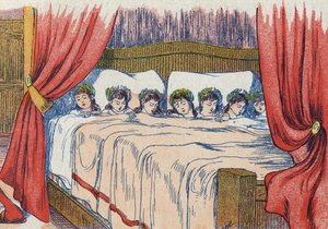 Le Petit Poucet et ses frères dorment, couronne sur la tête. Illustration pour « Le Petit Poucet », conte de Charles Perrault (1628-1703), écrivain français. Illustration anonyme. Imagerie Marcel Vagne, Jarville Nancy, fin 19e siècle. - Unknown artist