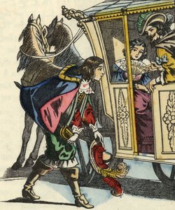Le marquis de Carabas salue le roi et la princesse dans leur carrosse. Illustration du conte "Le chat botté" de Charles Perrault.
