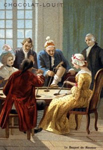 Le baquet de Mesmer (Frédéric Antoine Mesmer - Franz Anton Mesmer). Expérience de Mesmer (1734 - 1815), un médecin allemand qui prétendait avoir découvert le « magnétisme animal ». Chromolithographie du 19e siècle - Unknown artist