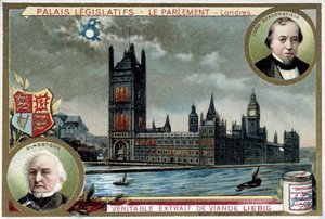 Le Palais de Westminster, ou Parlement de Londres (Angleterre), avec portraits de William Ewart Gladstone (1809-1898) et Benjamin Disraeli, Lord Beaconsfield (1804-1881) - chromolithographie Liebig - Unknown artist