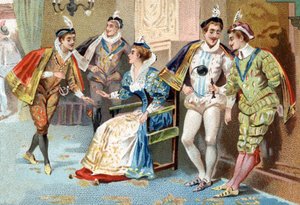 Le Palais du Louvre sous le règne de Henri III (XVIe siècle) : jeunes hommes de la cour du roi. Chromolithographie de la fin du XIXe siècle.