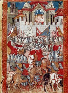 Le siège de Pampelune en Espagne par Charlemagne, victoire contre les Sarrasins. Miniature de l