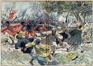 Les troupes soudanaises de Samory Touré (vers 1835-1900) étaient placées derrière les rives de la rivière Cavalby par une colonie française sous le lieutenant Walfel. Soudan, 9 septembre 1898. Illustration dans « Le Pèlerin » du 9 octobre - Unknown artist