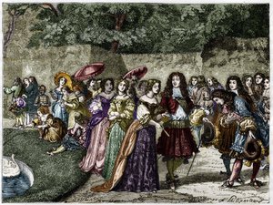 Le Roi Soleil (Louis XIV dans les jardins de Versailles entouré de sa cour). Gravure du 19ème siècle. - Unknown artist