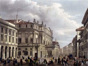 Le Teatro alla Scala à Milan au début du 19ème siècle. Gravure de l