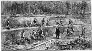 Le chemin de fer transsibérien : chantier des ouvriers chinois. Gravure dans « La Nature : revue des sciences et de leurs applications aux arts et à l