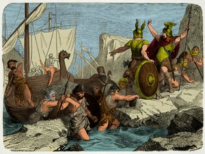 Les Vikings débarquent sur la côte française en 911, Gravure 19e siècle