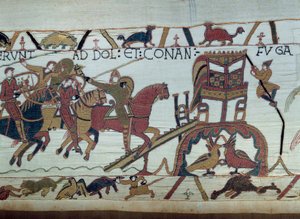 Les armées de Guillaume le Conquérant (1027-1087) sont allées combattre le duc de Bretagne, arrivées à Bayeux. Harold vient d