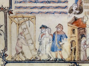 La ballade des pendus. Miniature illustrant le poème de François de Moncorbier dit Villon (1431/1432-1463). 15e siècle