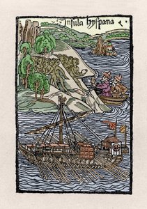 Le débarquement à Hispaniola par Christophe Colomb (1451-1506). Gravure de « De insulis in mare Indico super inventis », Bâle 1493-1494 (traduction latine du rapport de Colomb au roi d