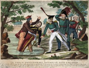 Le corps du Prince Joseph (Jozef) Antoni Poniatowski (1763) trouvé dans la rivière Eelster le 23 octobre 1813, gravure de l