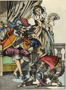 Le Chat botté offre le lapin au roi de la part de son maître, le marquis de Carabas. Illustration du conte "Le Chat botté" de Charles Perrault