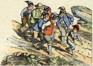Les frères suivent le Petit Poucet qui a semé des cailloux blancs sur le chemin. Illustration du conte « Le Petit Poucet » de Charles Perrault - Unknown artist