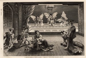 Le ballet des papillons au théâtre Gankiro, dans le quartier des plaisirs de Miyozaki à Yokohama. Gravure pour illustrer le voyage au Japon, par Aimé Humbert, ministre de la Confédération suisse, en 1863-1864, publié dans « le tour du monde », sous la dire