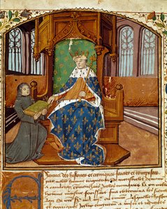 Le chroniqueur Enguerrand de Monstrelet (1400-1453) offre son livre au roi Charles VII (1403-1467) Miniature des Chroniques d