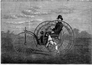 Le cynophère : vélocipède entraîné par des chiens. Invention de la fin du 19e siècle. Gravure dans "L