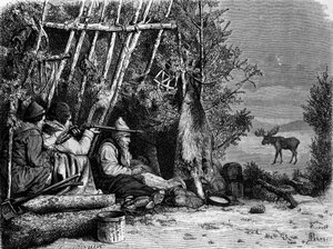 La vie quotidienne des trappeurs (chasseurs professionnels) au Canada : deux chasseurs de caribous. Gravure du 19e siècle - Unknown artist