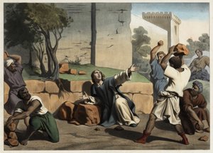 La mort de Saint Étienne : Saint Étienne lapidé par les Juifs est considéré comme le premier martyr chrétien. Gravure anonyme du milieu du 19ème siècle