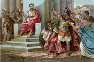 La mort de Virginie en 449 av. J.-C., Appius Claudius, décemvir sous la République romaine, réclame Virginie, fille du centurion Virginius, dont il est amoureux, comme son esclave. Abusant de son pouvoir, il la fait arrêter. Le décemvir cède - Unknown artist